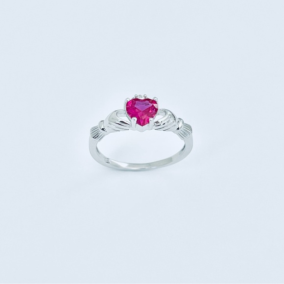 Sterling Silver Ruby CZ Heart Claddagh Ring, Silver Rings, July Birthstone, - Picture 1 of 12